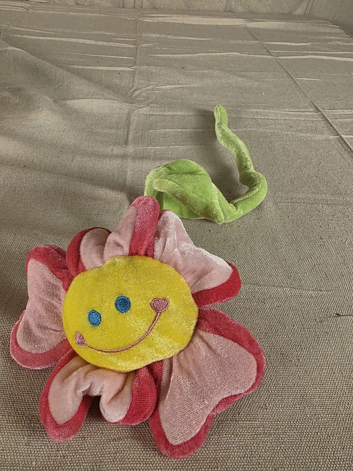 Vintage Bendable Smiley Face Plush Flower Toy Pink Yellow Green - Image 2