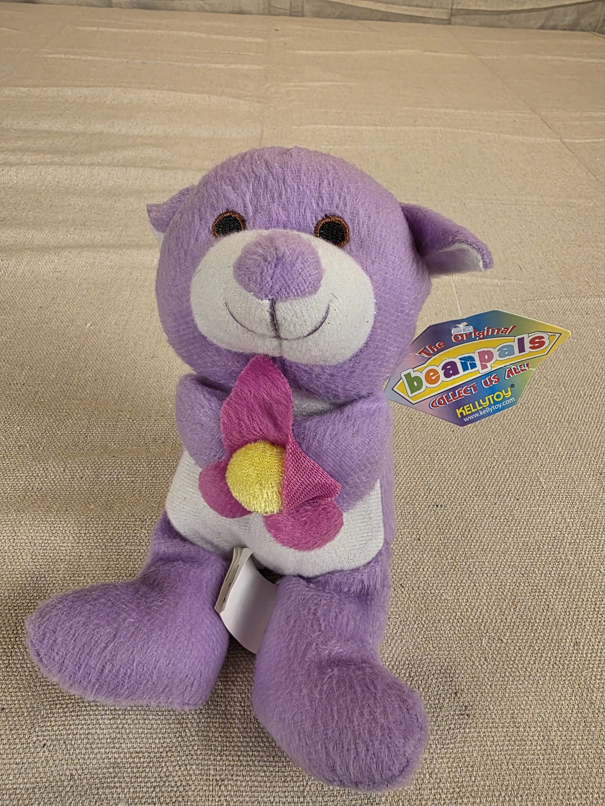 The Original Beanpals Purple Plush Bear Holding Flower by Kellytoy - Image 2