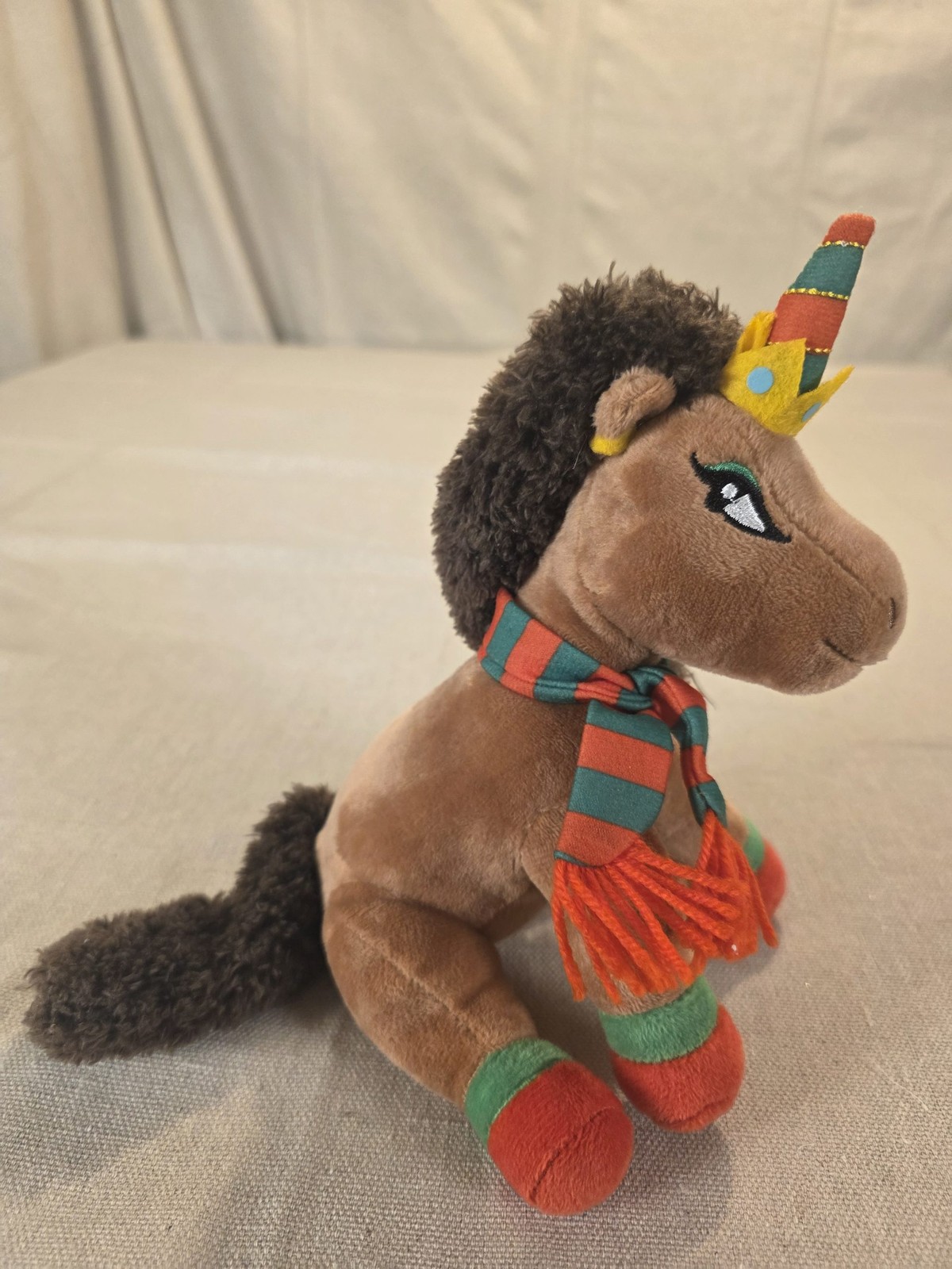Plush Unicorn Toy Brown Orange Green Scarf Crown Used - Image 3
