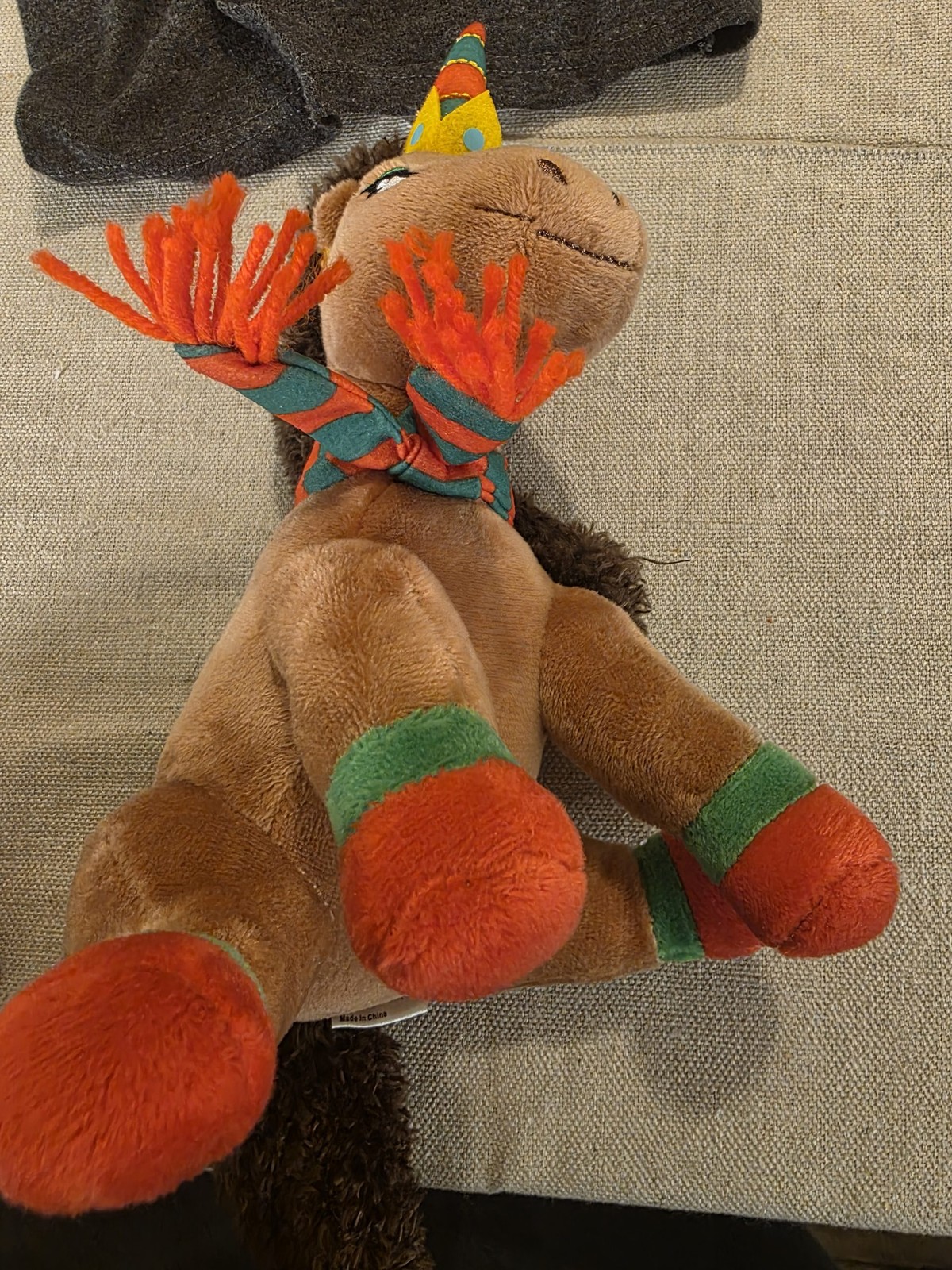 Plush Unicorn Toy Brown Orange Green Scarf Crown Used - Image 5