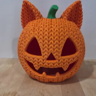 Cat Pumpkin Halloween Decor, Knit Texture Jack O Lantern, Fall Shelf Accent