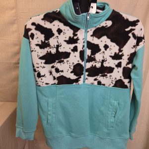 Cow Print Fleece 1/4 Zip Pullover Jacket Women's Medium Blue