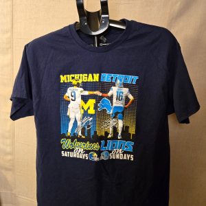 Gildan Michigan Wolverines Detroit Lions Graphic T-Shirt Large Navy