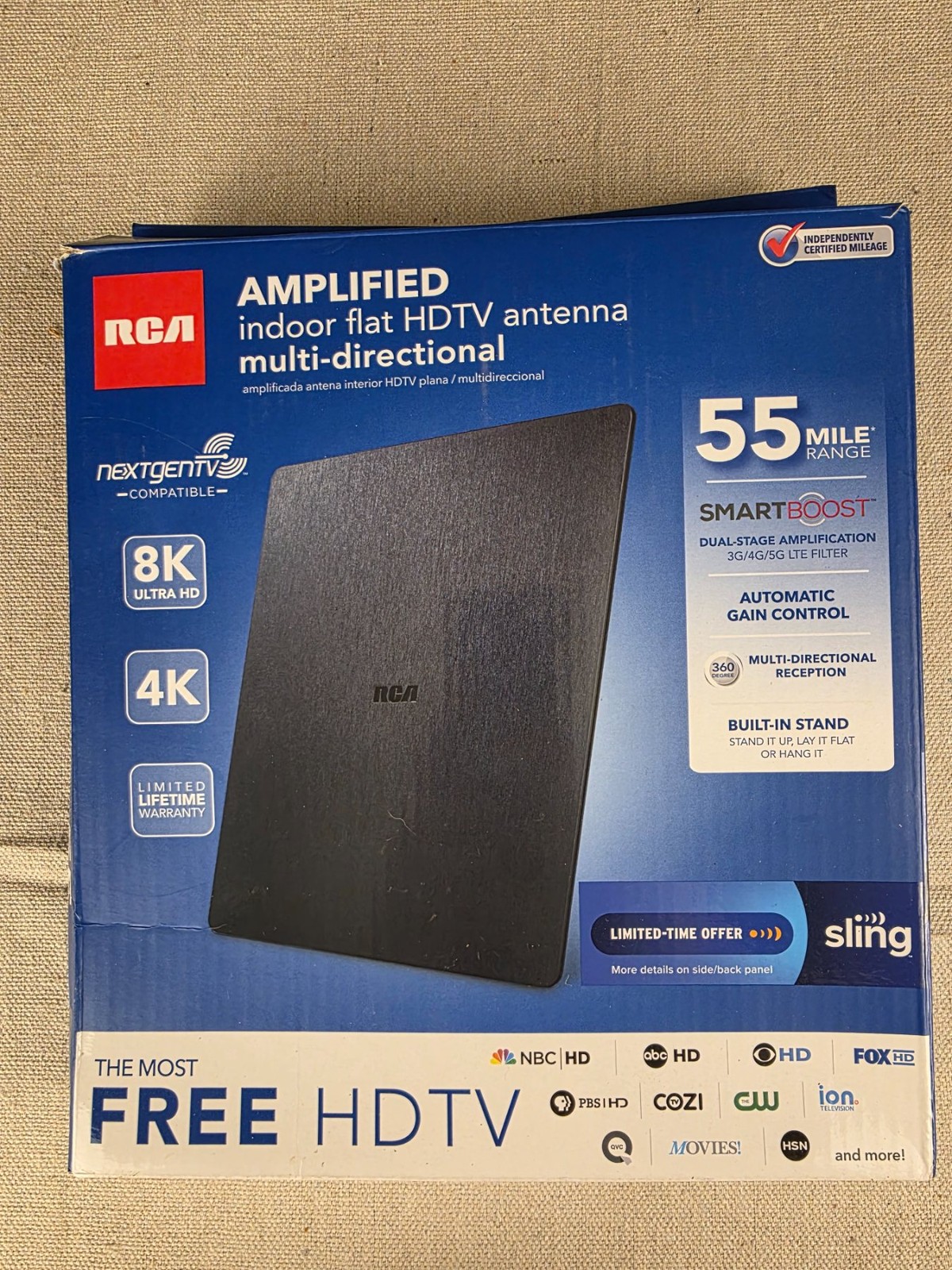 RCA Amplified Indoor Flat HDTV Antenna Multi-Directional 55 Mile Range