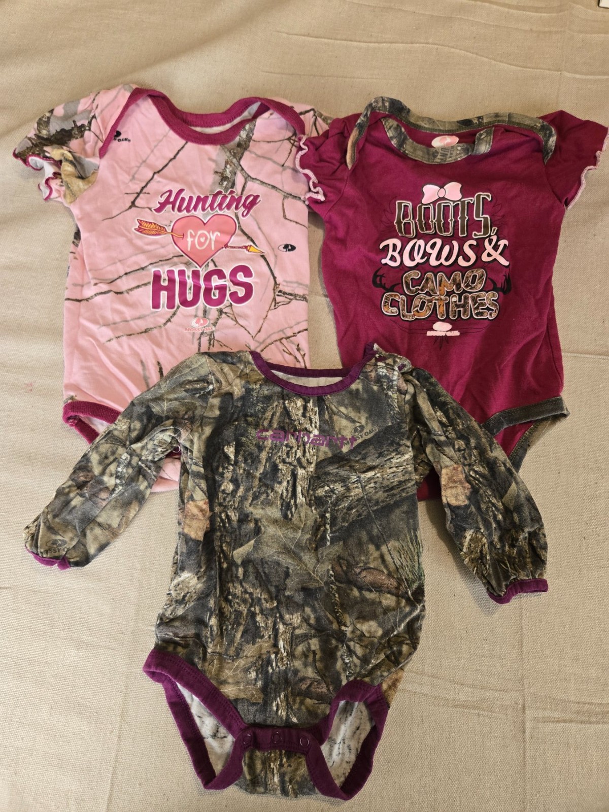 Mossy Oak Baby Bodysuits Camo Hunting Girls 6-9M 3 Pack