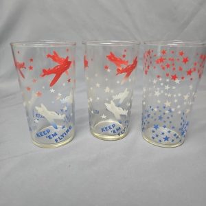 Vintage 1940's Keep 'em Flying Glass Tumbler (2) & WW2 Red White Blue
