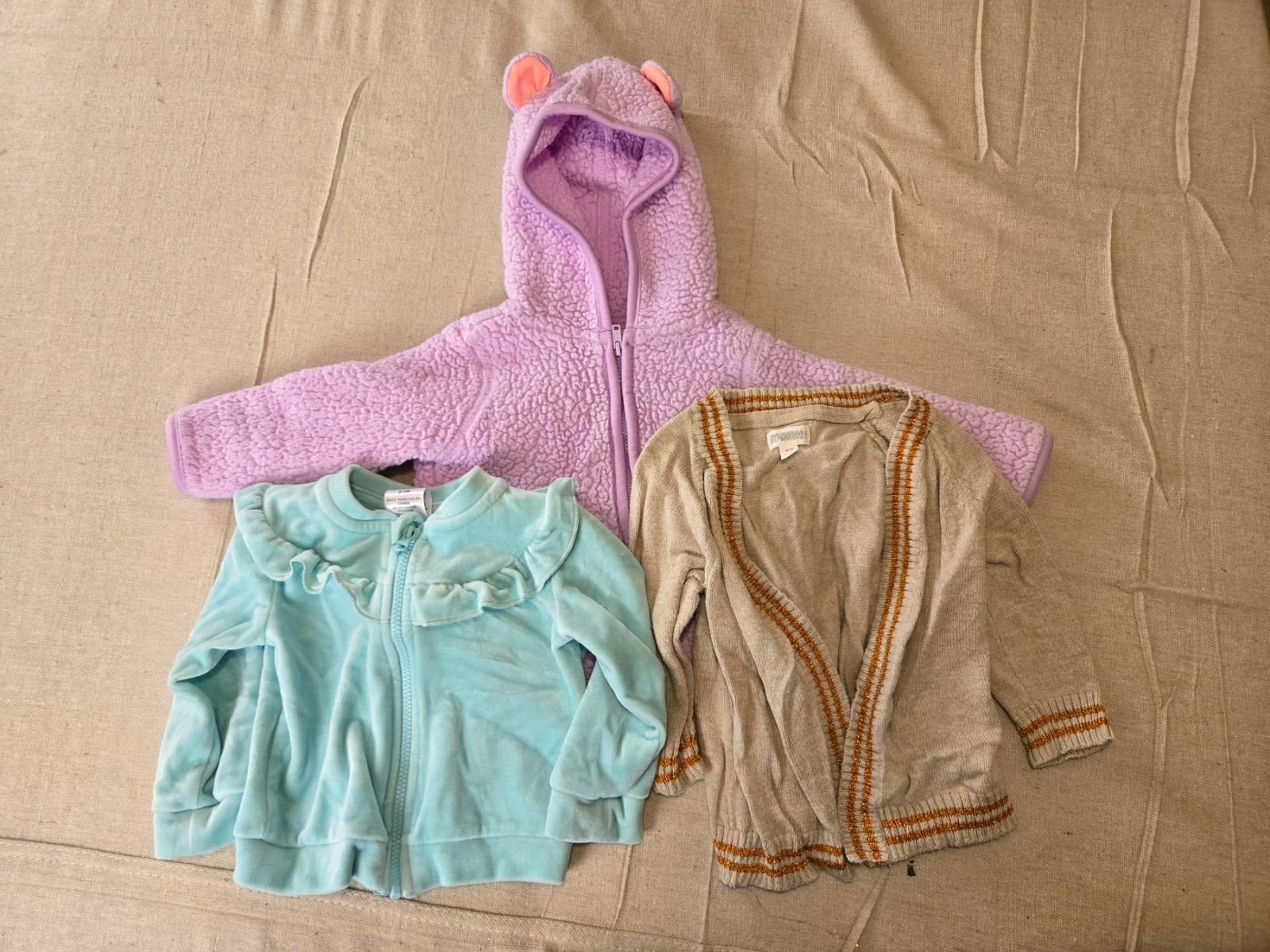 3 Baby Girl Jackets Lot 6-9 Months Purple Fleece Blue Ruffle Beige Cardigan