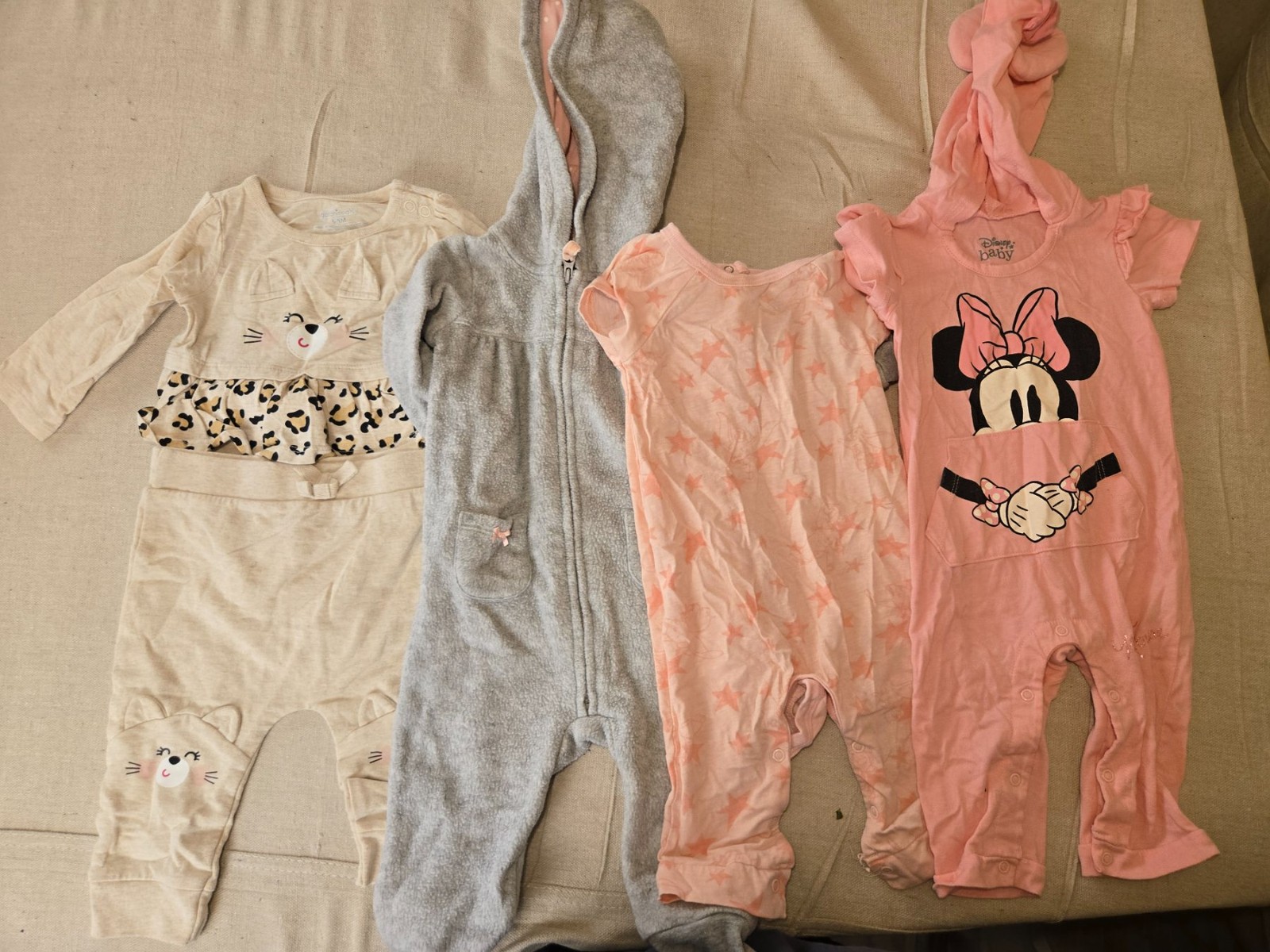 Disney Baby Minnie Mouse Hooded Romper & 3 Baby Girl One-Pieces 6-9M