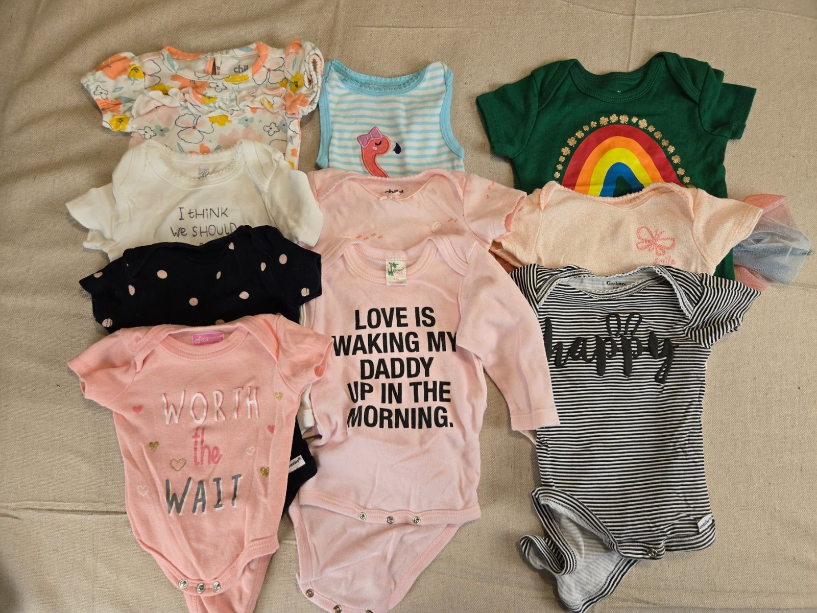 10 Baby Girl Bodysuits One Piece 0-3 Months Mixed Colors and Prints