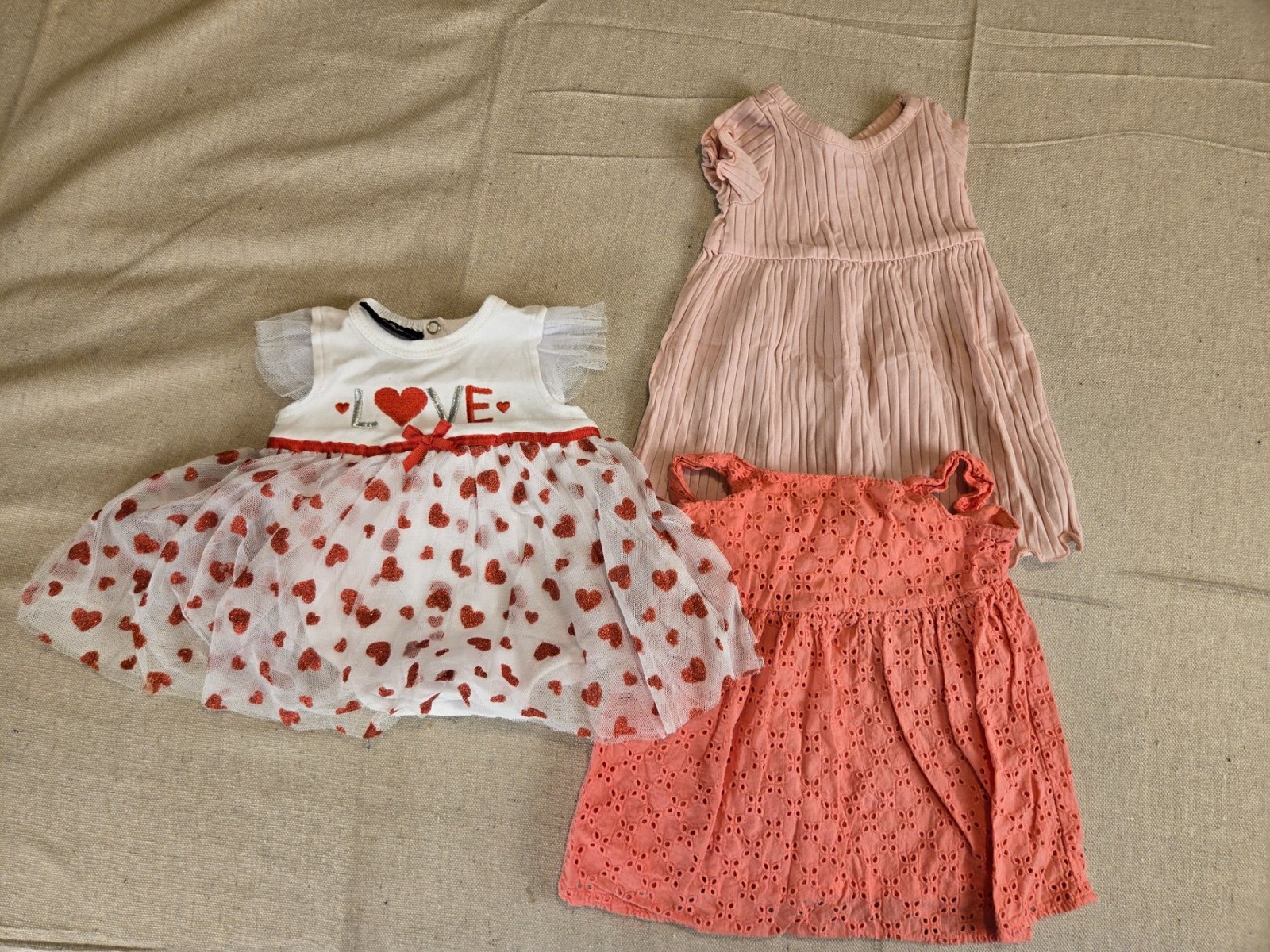 3 Baby Girl Dresses 0-3 Months Pink Coral White Heart Tulle Lot