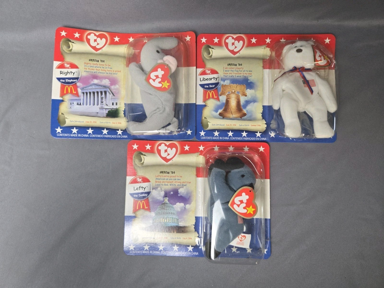 TY McDonalds 2000 Beanie Babies AMERICAN TRIO Set (Righty, Libearty, Lefty)