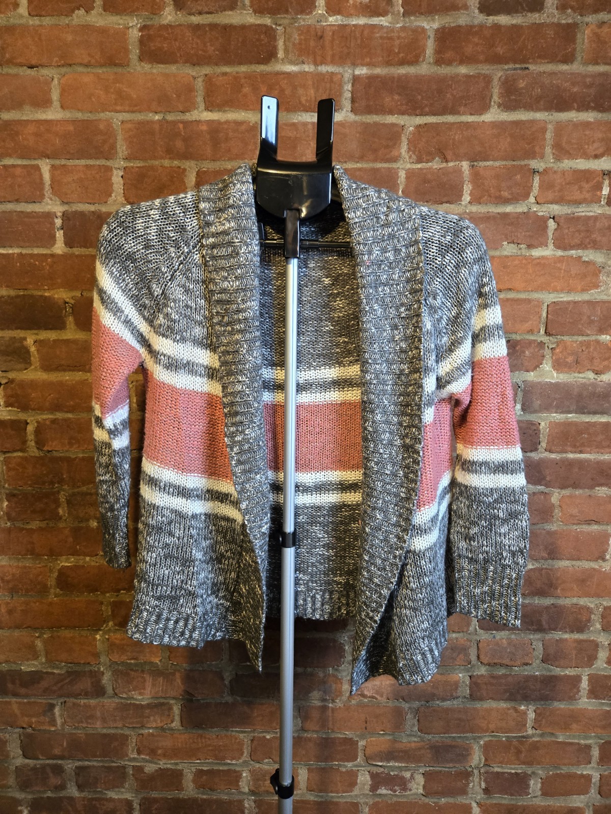 Charlotte Russe Cardigan Sweater Women’s Small Gray Pink Striped Open Front Knit