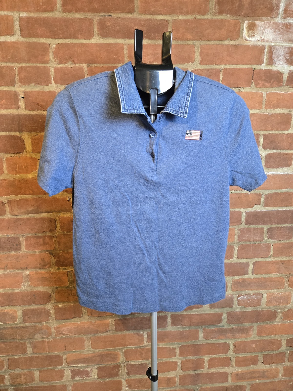 Karen Scott Sport Polo Shirt Womens Medium Blue USA Flag Short Sleeve Cotton