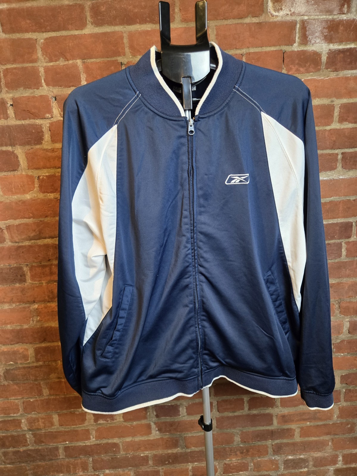 Reebok Track Jacket Mens 2XL Navy Blue White Full Zip Y2K Athletic Polyester...