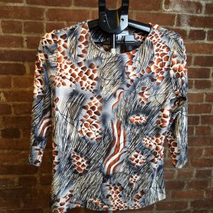 Emily Daniels Blouse Womens Medium Abstract Print Stretch Top Brown Black White