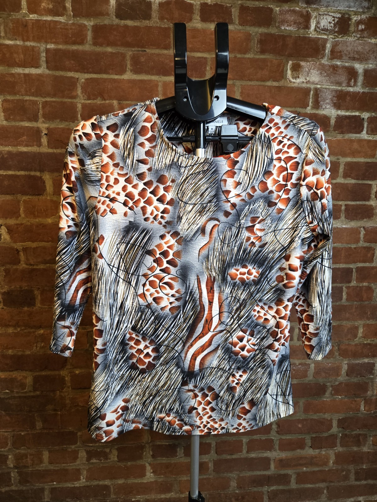Emily Daniels Blouse Womens Medium Abstract Print Stretch Top Brown Black White
