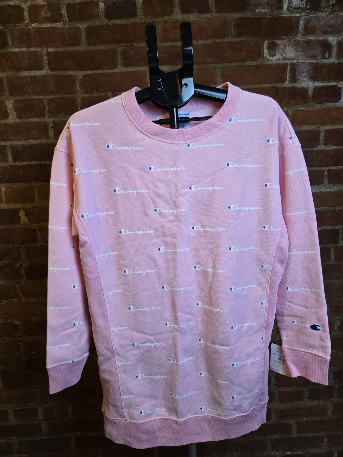 Champion Reverse Weave Sweatshirt Mens Medium Pink All Over Logo Crewneck NWT