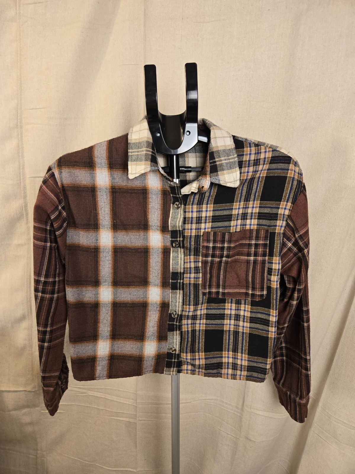Forever 21 Two Tone Plaid Cropped Button Up Shirt Women Small