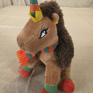 Plush Unicorn Toy Brown Orange Green Scarf Crown Used
