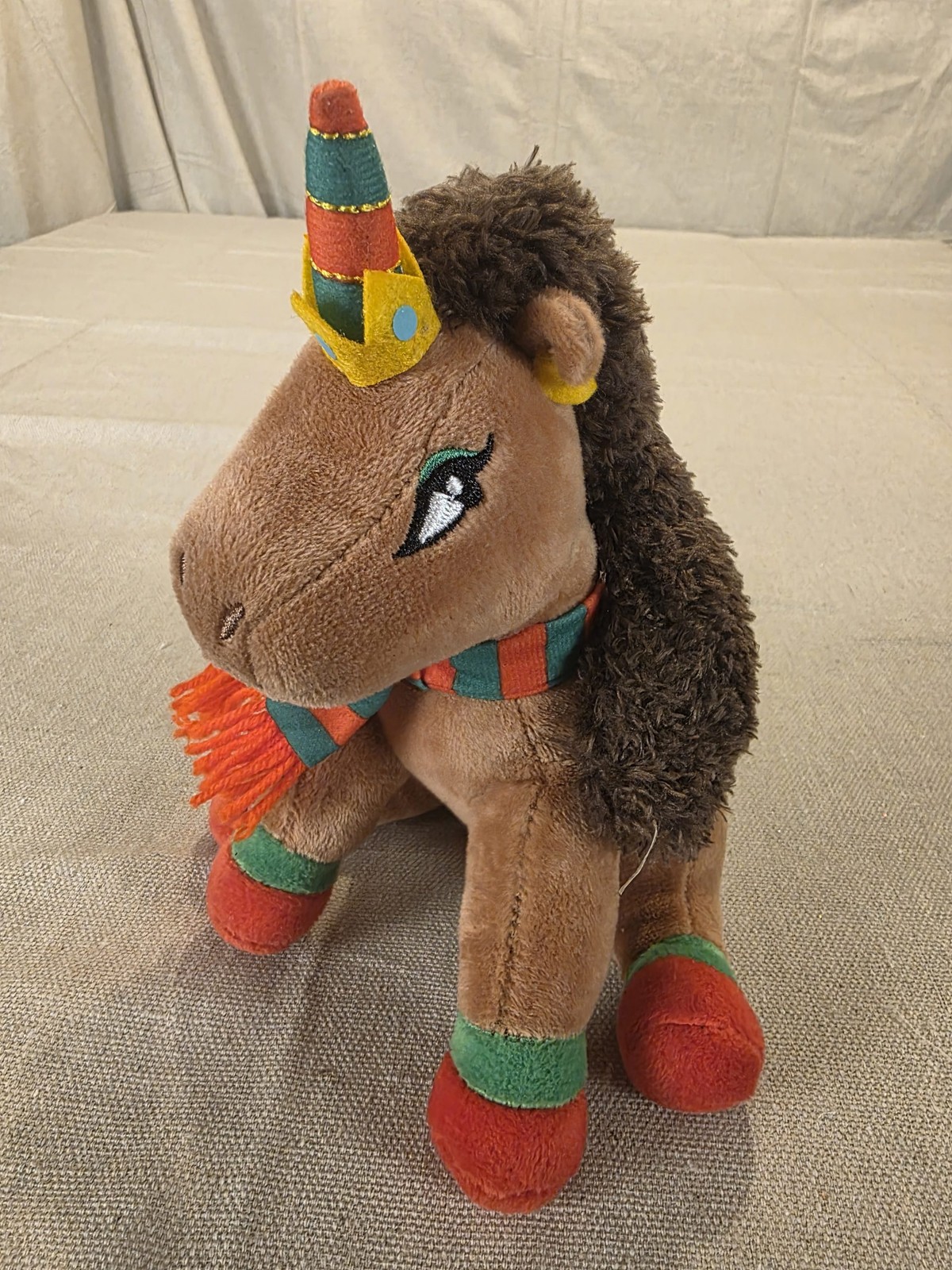 Plush Unicorn Toy Brown Orange Green Scarf Crown Used