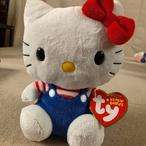 Ty Beanie Baby Hello Kitty Plush Blue Overalls Red Bow Sanrio 2009