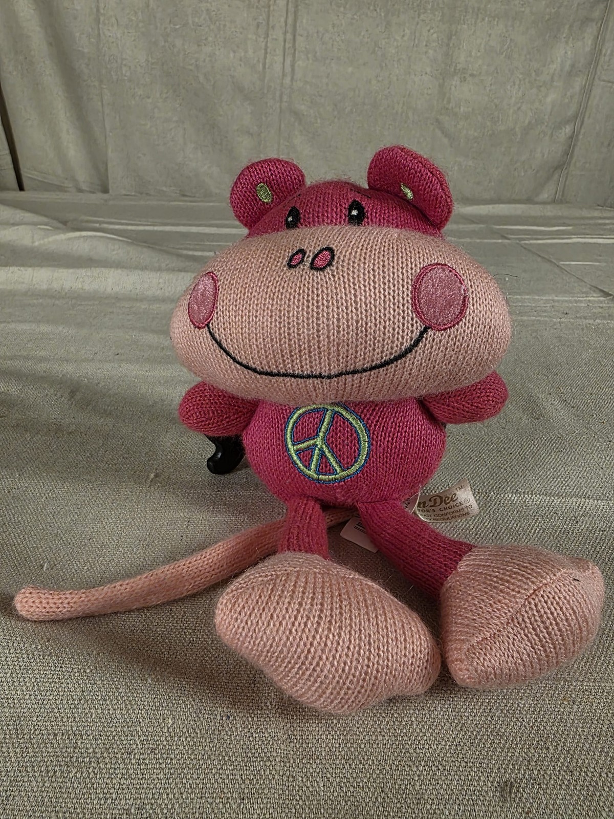 Dan Dee Pink Knitted Beanimal Monkey Peace Sign Plush Toy Vintage