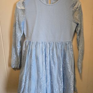Kids 10Y Floral Lace Mesh Long Sleeve Round Neck Blue Dress