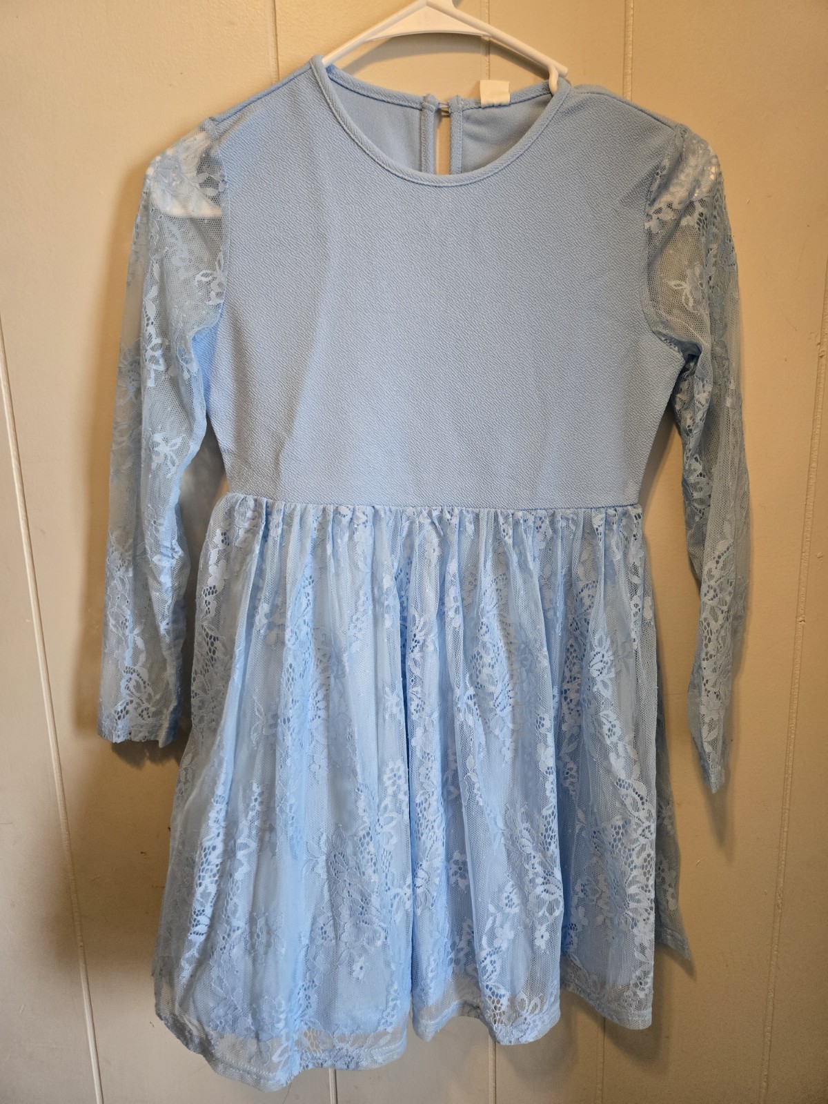 Kids 10Y Floral Lace Mesh Long Sleeve Round Neck Blue Dress