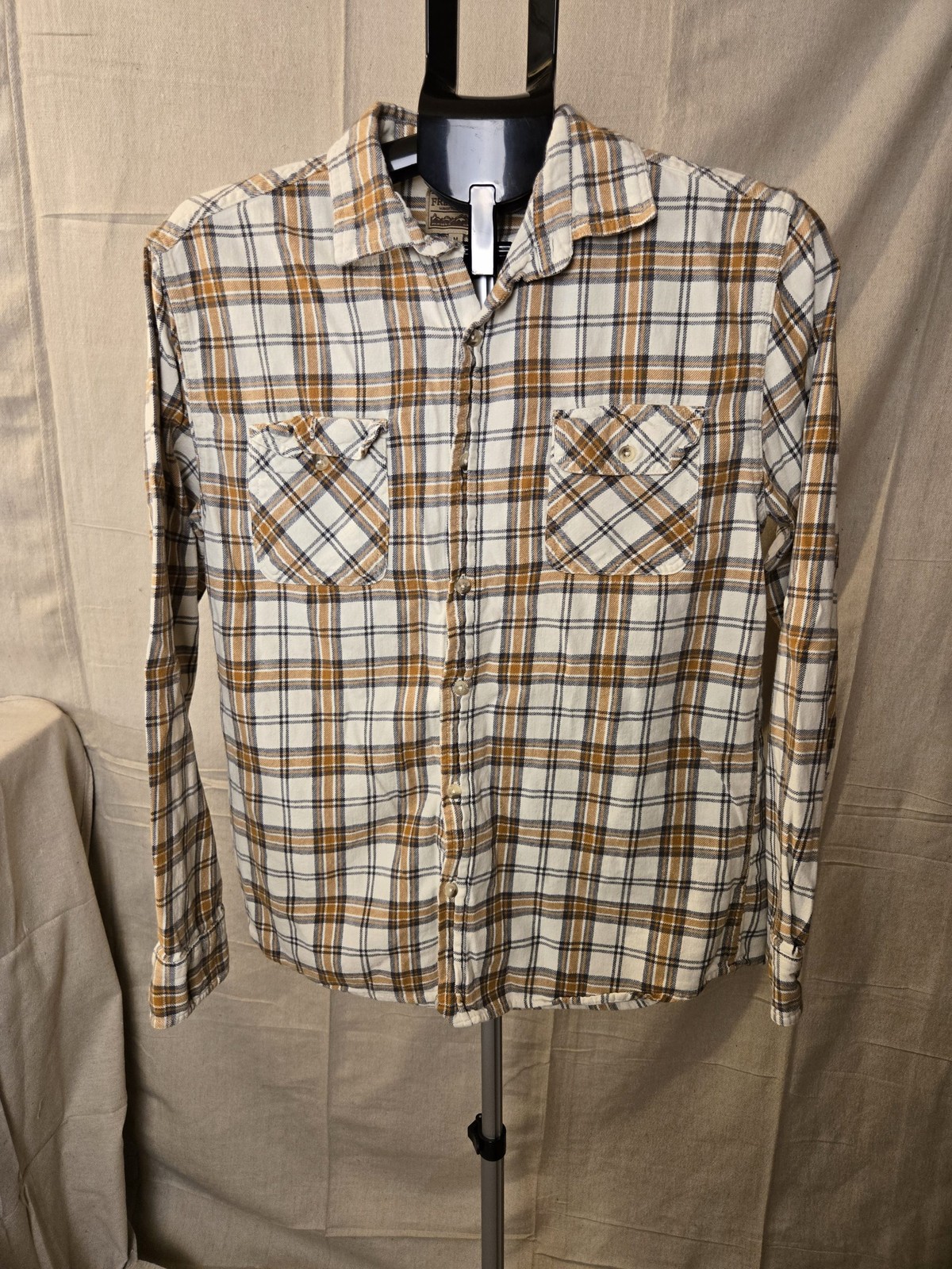 Freenature Slim Fit Plaid Button Down Shirt Mens Medium White Brown