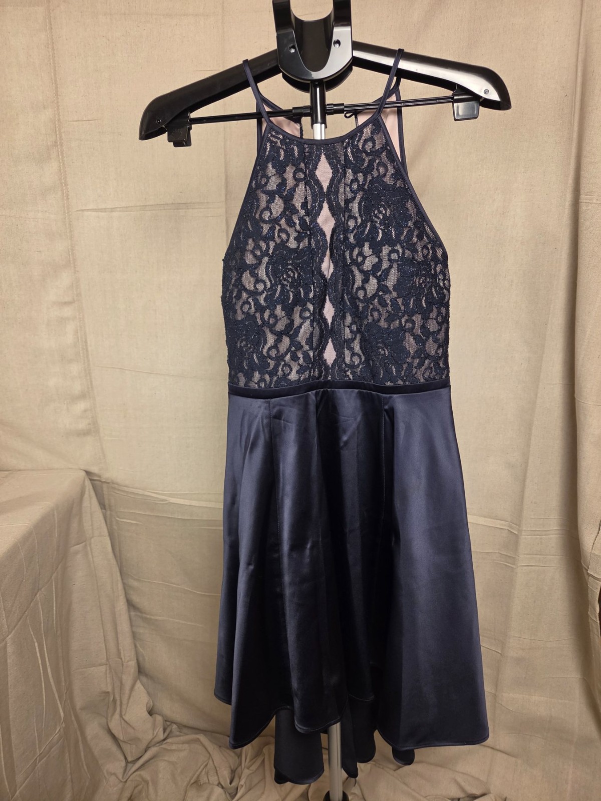 My Michelle Navy Blue Lace Halter Neck Junior Dress Size 5