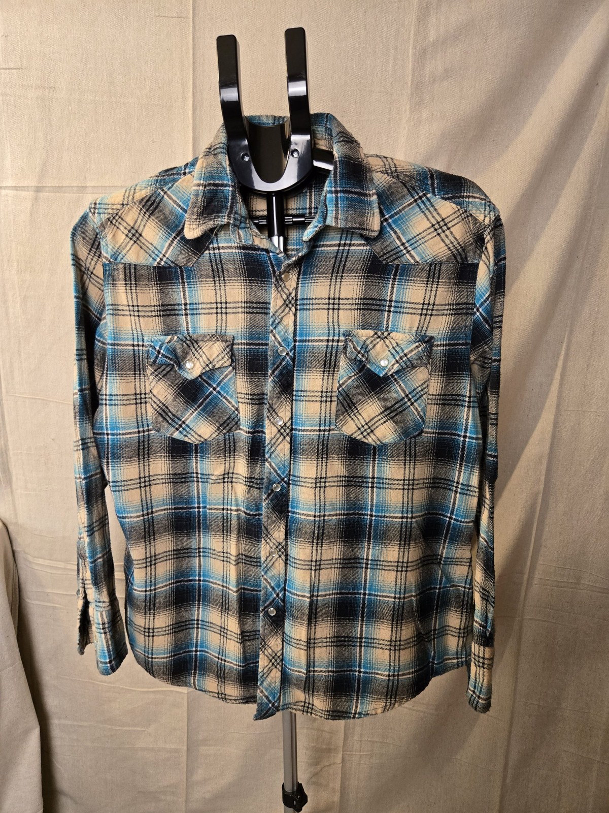 Wrangler Wrancher Plaid Flannel Shirt Men's Medium Blue Beige Vintage