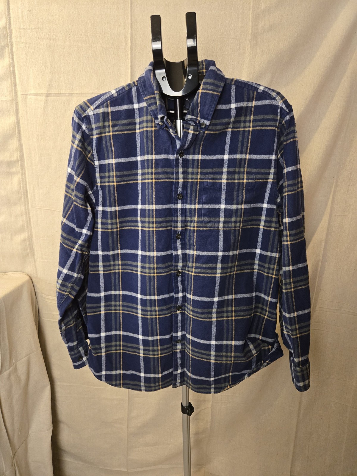 Lands' End Mens Flannel Shirt XL Blue Plaid Traditional Fit Cotton