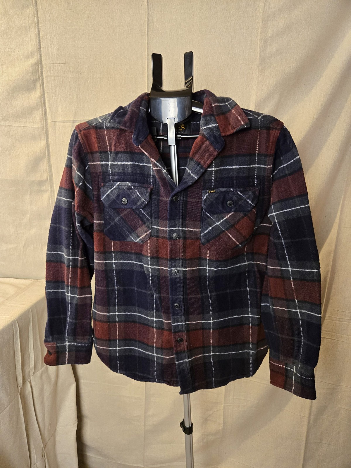 Lee Flannel Shirt Regular Fit Men's Medium Navy Burgundy Plaid
