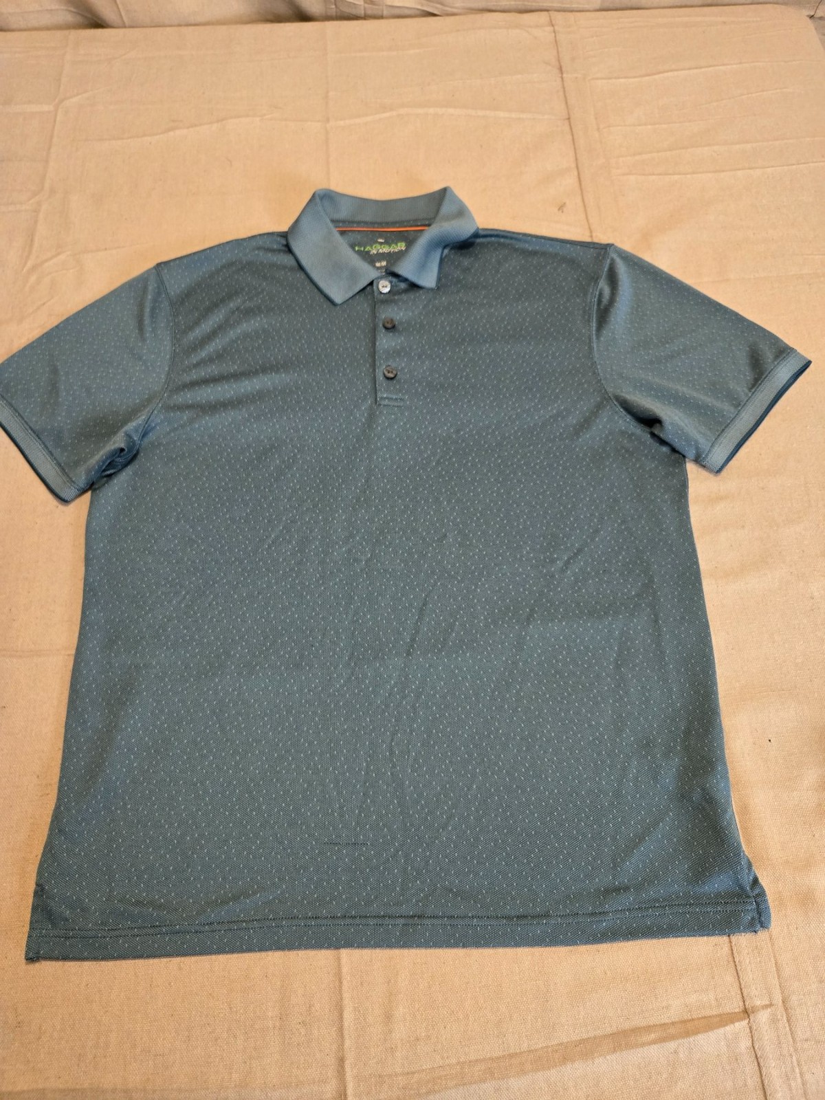 Haggar In Motion Polo Shirt Mens Medium Blue Geometric Print
