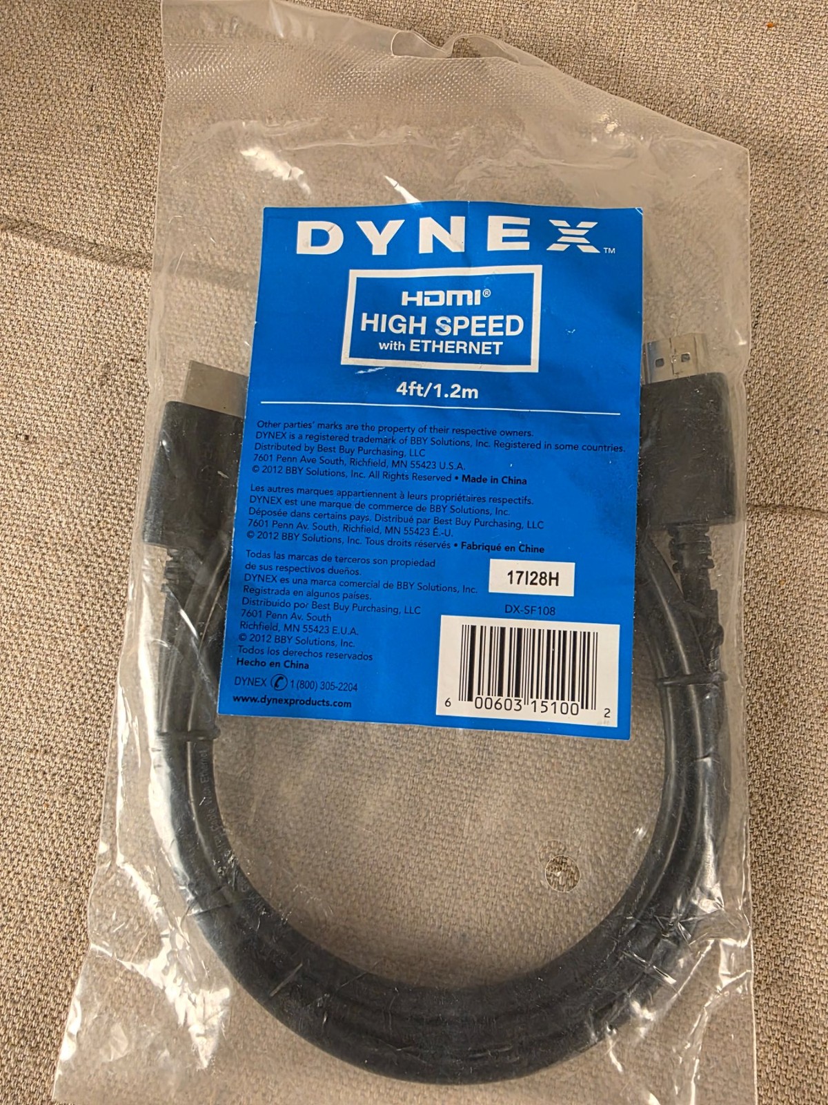 Dynex DX-SF108 4ft HDMI High Speed Cable with Ethernet Black