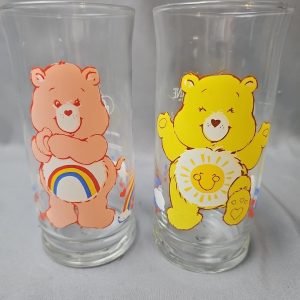Vintage 1983 Care Bears Pizza Hut Glasses Set Of 2, Funshine And Cheer Bear