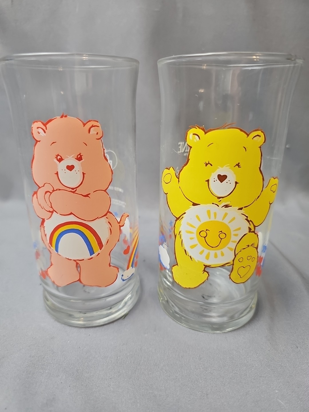 Vintage 1983 Care Bears Pizza Hut Glasses Set Of 2, Funshine And Cheer Bear