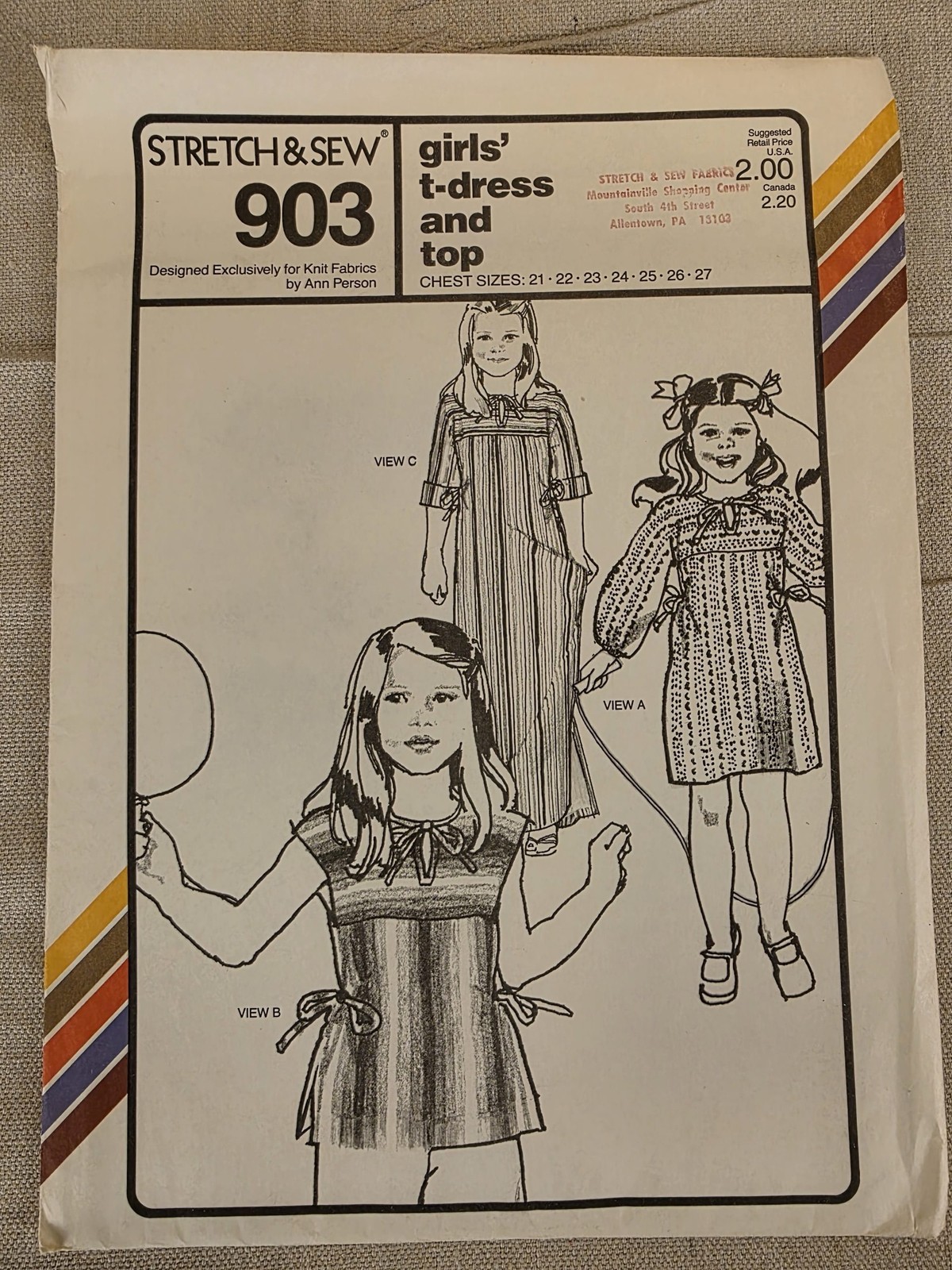 Stretch & Sew 903 Girls T-Dress and Top Vintage Sewing Pattern Chest 21-27