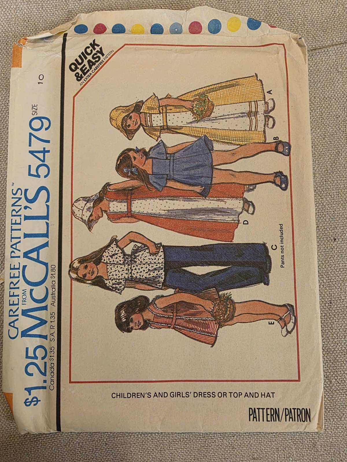 McCall's 5479 Vintage Girls Dress Top Hat Sewing Pattern Size 10