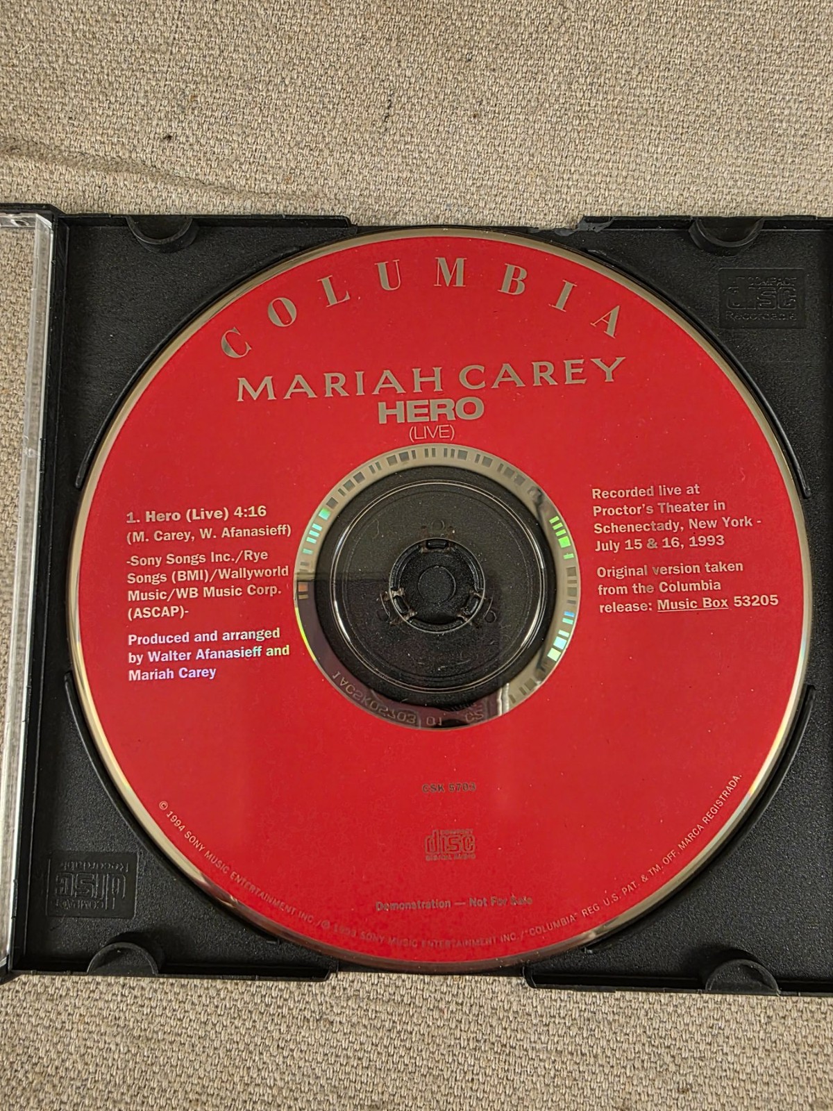 Mariah Carey Hero (Live) CD Single 1993 Columbia Music Box Disc Only