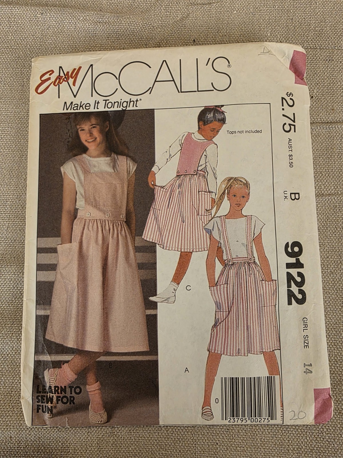 McCall's 9122 Girls Skirt Bibs Straps Sewing Pattern Size 14 Vintage