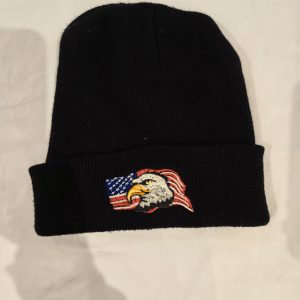Black Knit Beanie Hat – Bald Eagle American Flag Embroidered – One Size