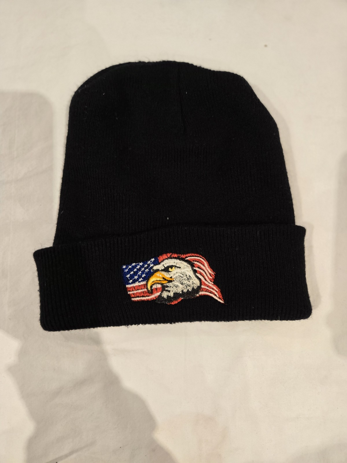 Black Knit Beanie Hat – Bald Eagle American Flag Embroidered – One Size