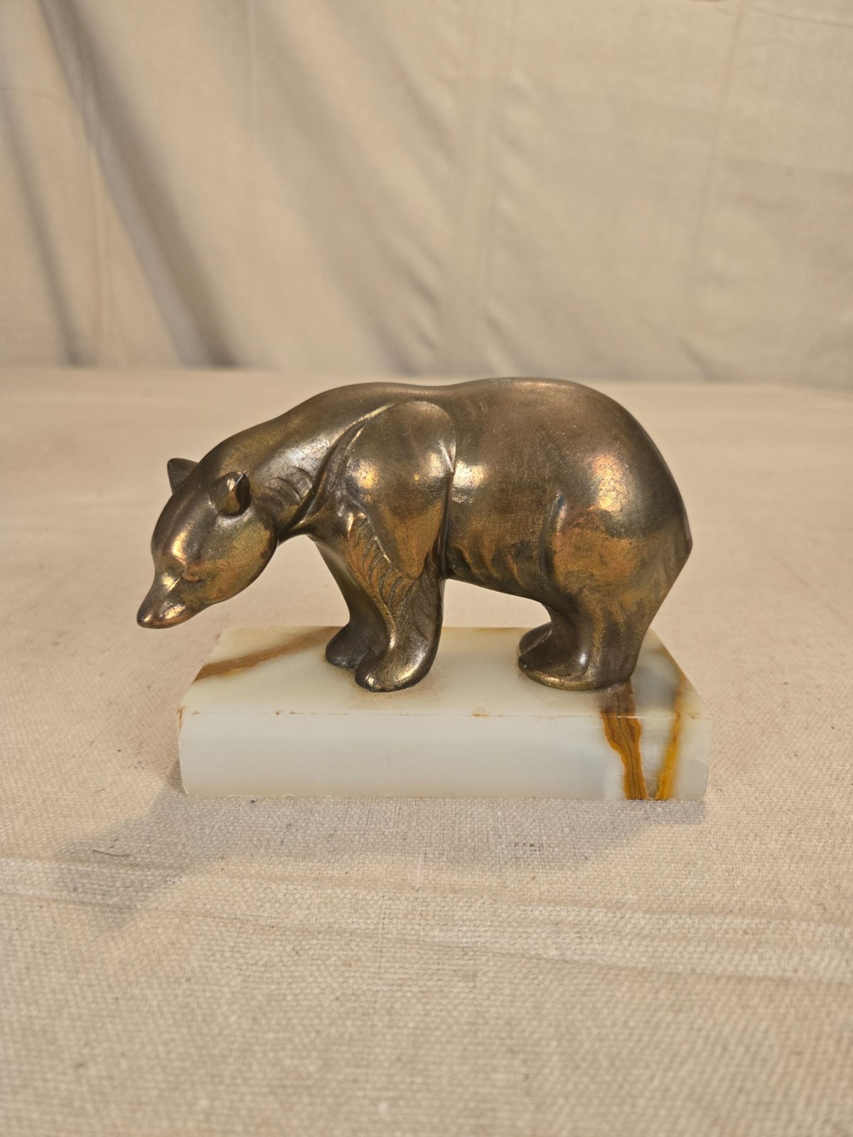 Vintage Brass Bear Figurine on Marble Base Sculpture