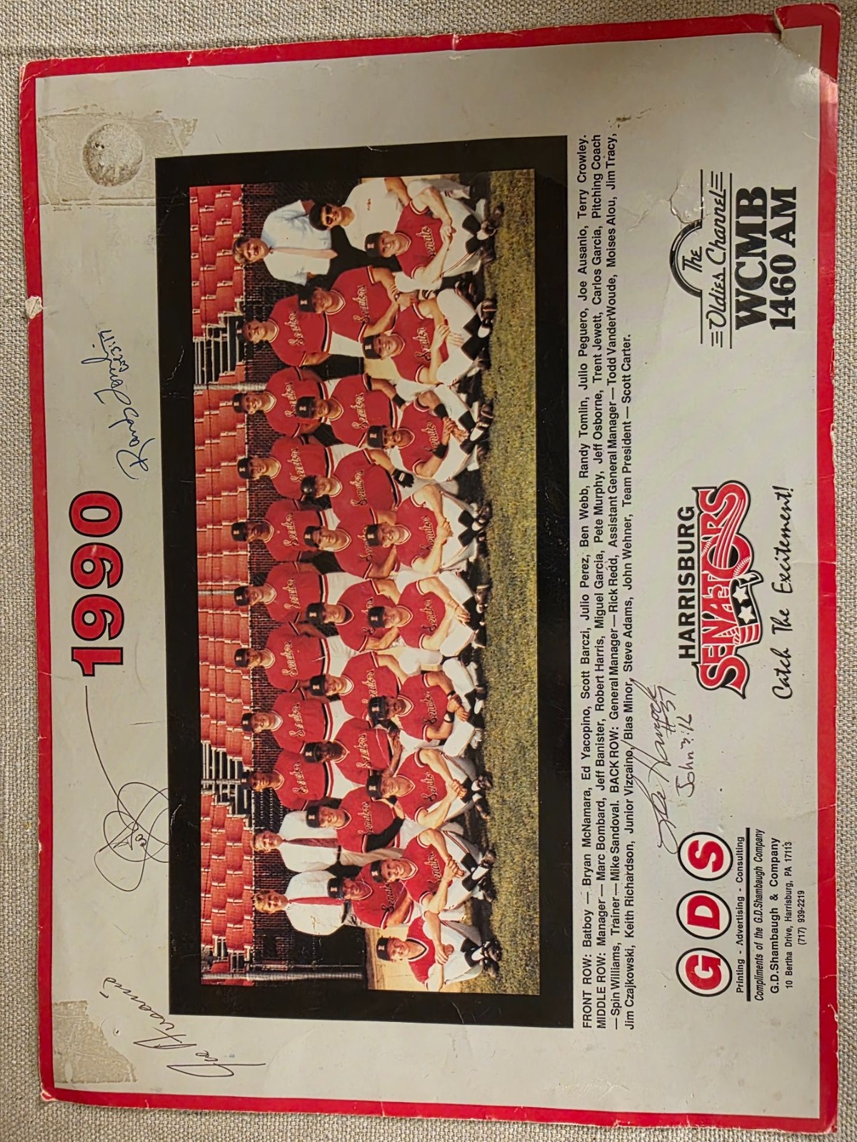 1990 Harrisburg Senators Team Photo Signed Randy Tomlin Moises Alou Vintage