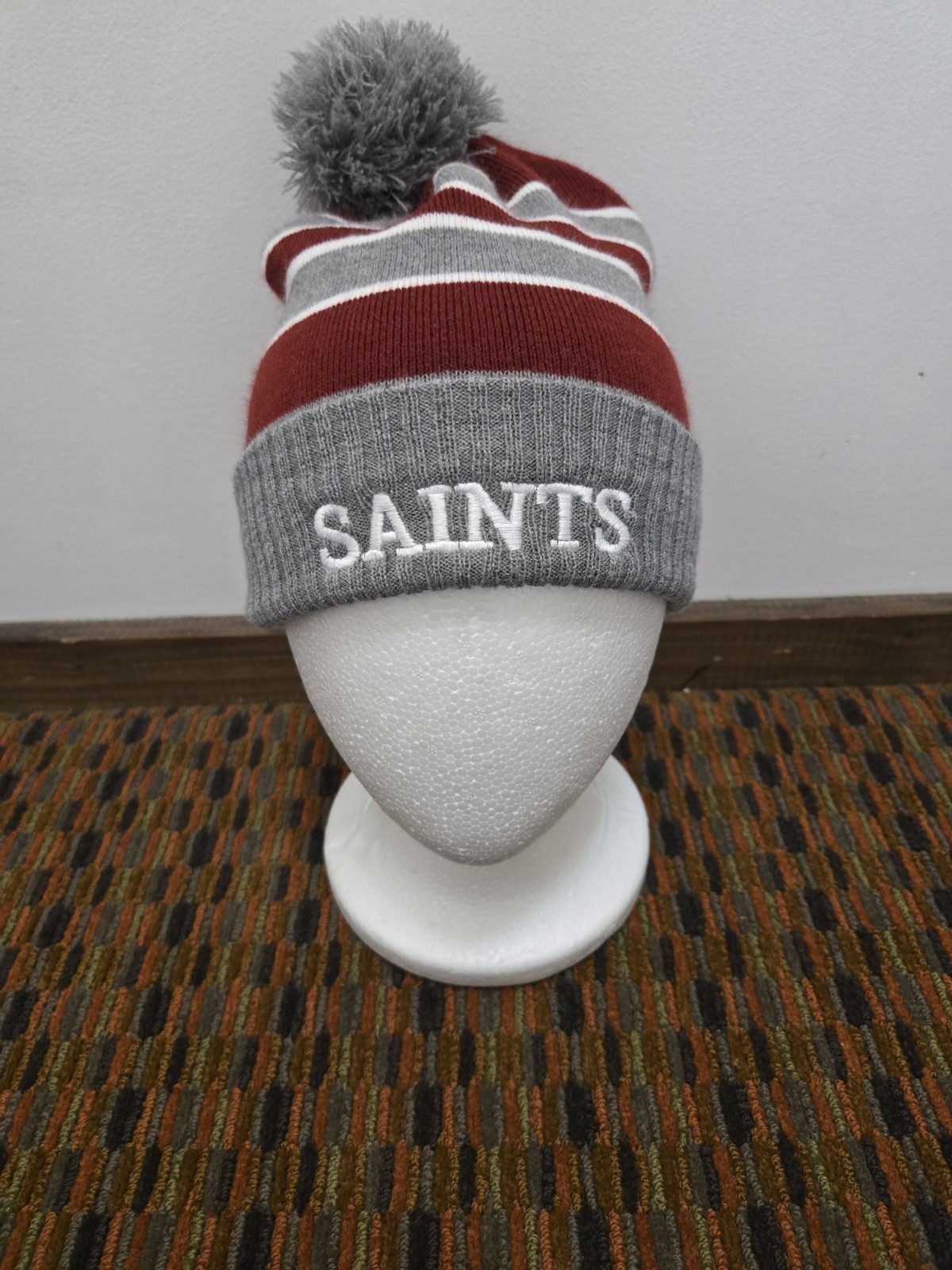 Cap America Saints Pom Knit Beanie Gray Red White Striped Winter Hat