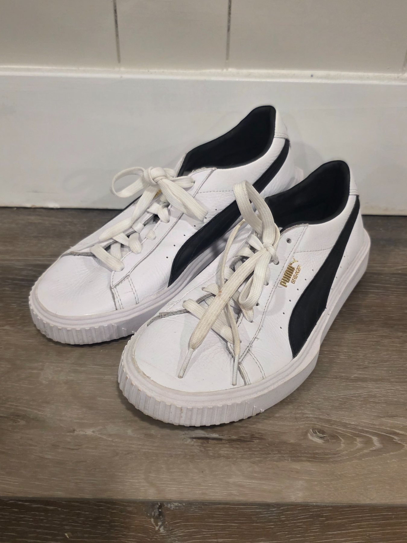Puma Breaker Leather Sneakers White Black Gold Unisex US 7.5 EUR 40