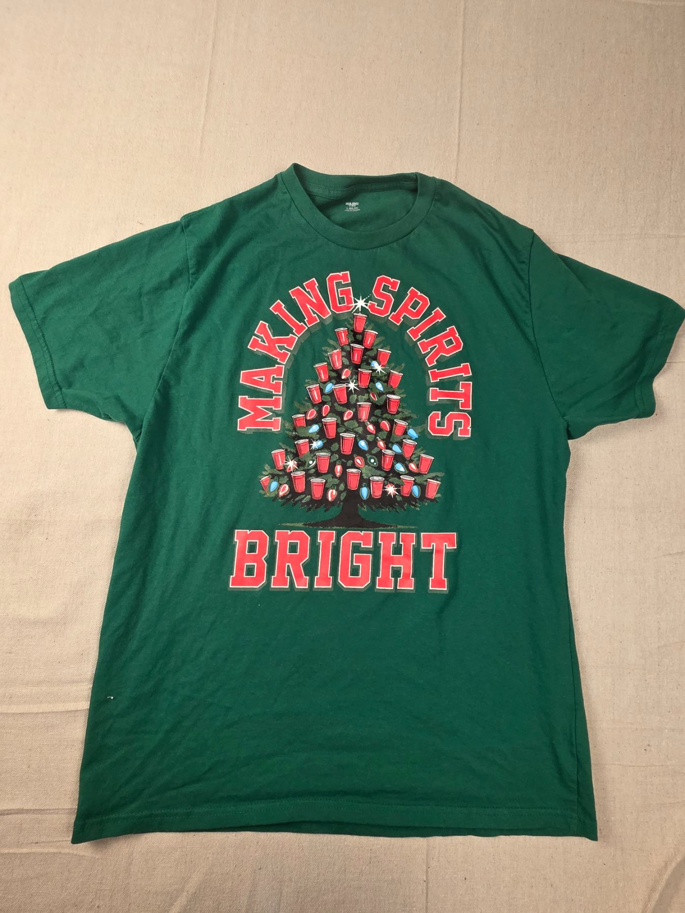 Holiday Time T-Shirt Making Spirits Bright Graphic Men's L Green