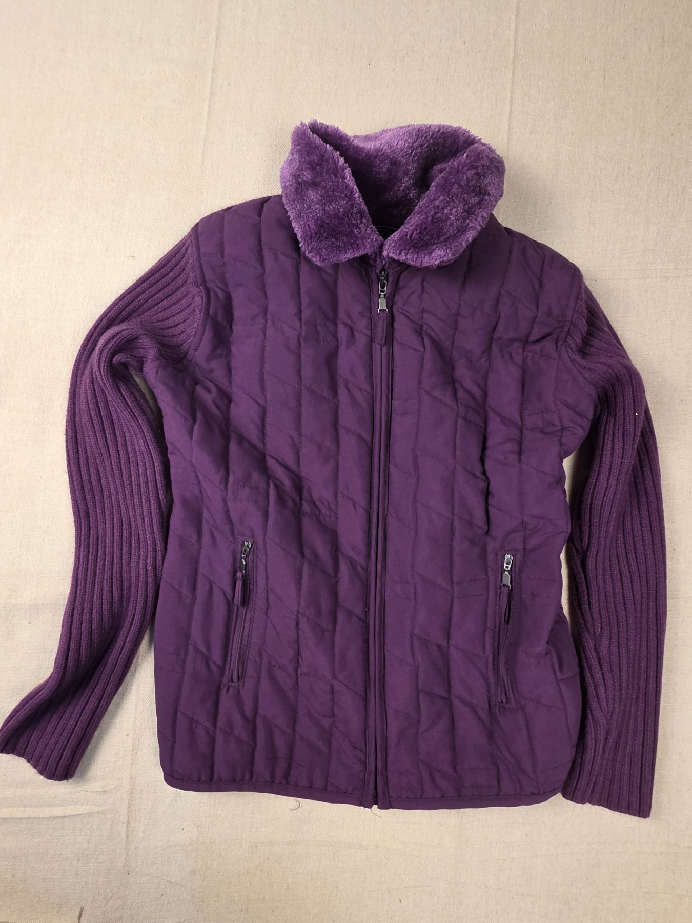 Effeci Creazioni Quilted Knit Jacket Women's M Purple Faux Fur Collar