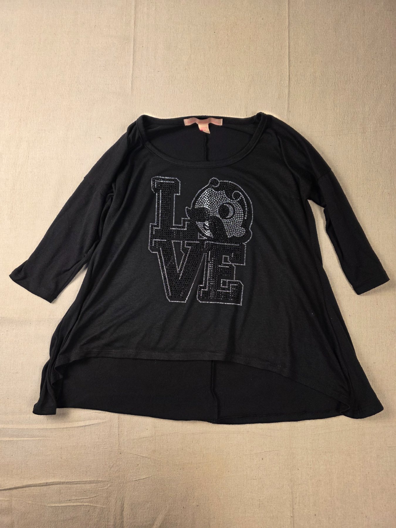 Rebellious One Natty Boh Rhinestone LOVE Women's M Black Hi-Lo Top